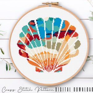 Modern Sea Life Cross Stitch Pattern, Sea Shell Cross Stitch, Ocean Counted Cross Stitch Sampler, Beach Embroidery, Digital Download PDF