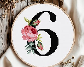 Floral Number 6 Cross Stitch Pattern: Flower Monogram (Digital Download PDF)