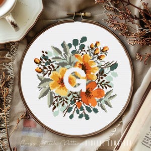 Floral Letter G Cross Stitch Pattern: Flower Monogram (Digital Download PDF)