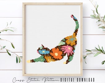 Cat Cross Stitch Pattern, Animal Silhouette Counted Cross Stitch Sampler, Modern Floral Cross Stitch, Embroidery Cat, Digital Download PDF