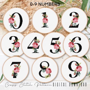 Set of 10 floral numbers, 0-9 cross stitch pattern, anniversary cross stitch pattern, floral numbers nursery decor DIY, digital download PDF