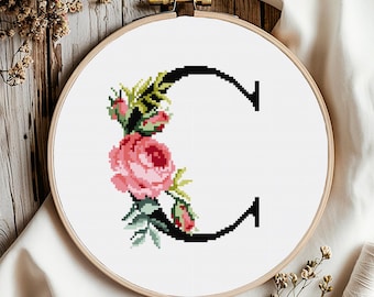 Floral Letter C Cross Stitch Pattern: Alphabet Monogram (Digital Download PDF)