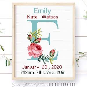 Birth Announcement Cross Stitch Pattern, Boy, Girl Nursery Decor, Personalized Gift, Modern Counted Cross Stitch Sampler, Digital Download