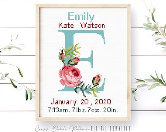 Birth Announcement Cross Stitch Pattern, Boy, Girl Nursery Decor, Personalized Gift, Modern Counted Cross Stitch Sampler, Digital Download