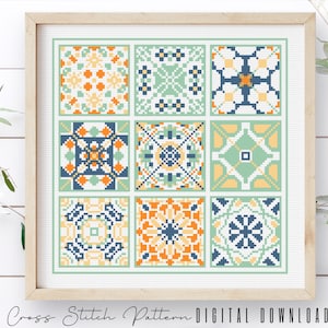 Modern Cross Stitch Pattern, Counted Cross Stitch Sampler, Tile Embroidery, Mosaic Cross Stitch, Colorful Cross Stitch, Digital Download PDF