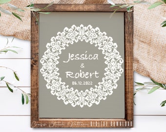 Wedding Modern Cross Stitch Pattern, Personalized Counted Cross Stitch, Wedding Anniversary Sampler, Engagement Gift, Digital Download PDF