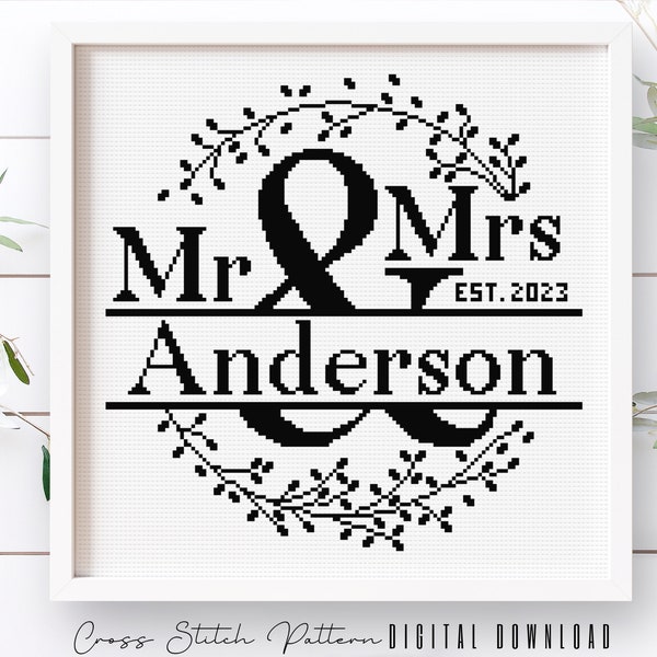 Wedding Modern Cross Stitch Pattern, Personalized Counted Cross Stitch, Wedding Anniversary Sampler, Engagement Gift, Digital Download PDF