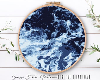 Ocean Waves Cross Stitch Pattern, Modern Sea Life Counted Cross Stitch, Beach Embroidery Pattern, Hoop Art, Digital Download