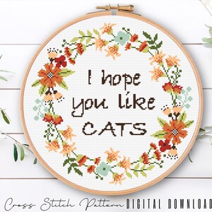 Funny Cross Stitch Pattern, Cat Lovers Counted Cross Stitch, Floral Cross Stitch, Funny Embroidery Pattern, Home Decor, Digital Download PDF