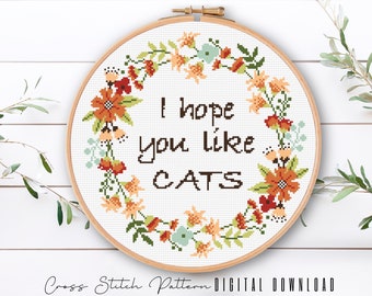 Funny Cat Cross Stitch Pattern: Floral Embroidery (Digital Download PDF)