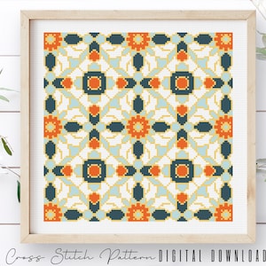 Modern Tile Cross Stitch Pattern: Colorful Mosaic Embroidery (Digital Download PDF)