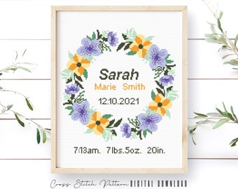 Birth Announcement Cross Stitch Pattern, Boy, Girl Nursery Decor, Personalized Gift, Modern Counted Cross Stitch Sampler, Digital Download