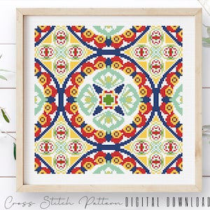 Modern Cross Stitch Pattern, Counted Cross Stitch Sampler, Tile Embroidery, Mosaic Cross Stitch, Colorful Cross Stitch, Digital Download PDF