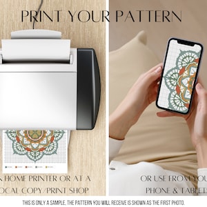 K&ouml;nnte beinhalten: Ein druckbares Muster f&uuml;r ein Mandala-Design. Das Bild zeigt einen Drucker, der das Muster druckt, und ein Telefon, das das Muster anzeigt. Der Text auf dem Bild lautet "DRUCKEN SIE IHR MUSTER", "AUF EINEM HEIMDRUCKER ODER IN EINEM LOKALEN KOPIER-/DRUCKGESCH&Auml;FT" und "ODER VERWENDEN SIE IHR TELEFON & TABLET".
