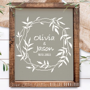 Wedding Modern Cross Stitch Pattern, Personalized Counted Cross Stitch, Wedding Anniversary Sampler, Engagement Gift, Digital Download PDF
