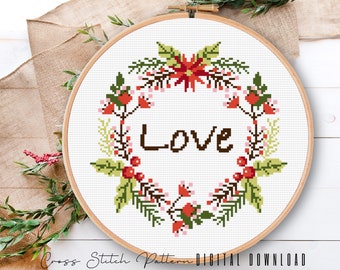 Christmas Cross Stitch Pattern, Modern Counted Cross Stitch Sampler, Hope, Joy, Love, Noel, Easy Cross Stitch Pattern, Digital Download PDF