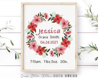 Birth Announcement Cross Stitch Pattern, Boy, Girl Nursery Decor, Personalized Gift, Modern Counted Cross Stitch Sampler, Digital Download