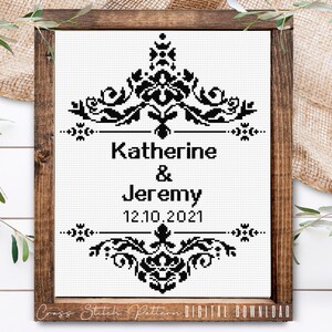 Wedding Modern Cross Stitch Pattern, Personalized Counted Cross Stitch, Wedding Anniversary Sampler, Engagement Gift, Digital Download PDF image 2