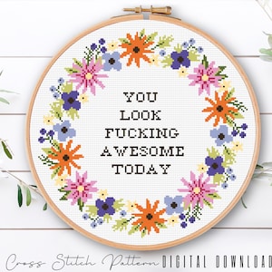 Funny Cross Stitch Pattern, Floral Sassy Cross Stitch, Feminist Counted Cross Stitch pattern, Funny Embroidery design, Digital Download PDF