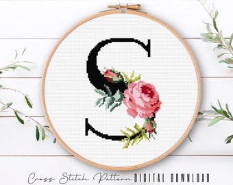 Floral Letter S, Cross Stitch Alphabet Pattern, Monogram With Flower, Counted Cross Stitch Sampler, Initial Embroidery, Digital Download PDF