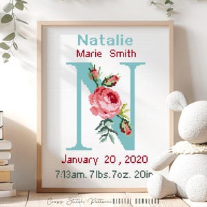 Patrón de punto de cruz para anuncio de nacimiento, decoración de guardería con la letra N, muestrario de registro de nacimiento personalizado para punto de cruz, regalo para bebé, descarga digital en PDF