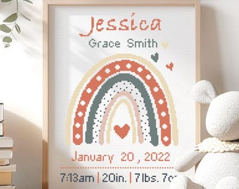 Rainbow Birth Announcement Cross Stitch Pattern: Modern Nursery Decor (Digital Download)