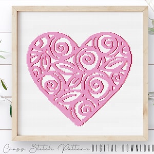 Heart Shape Cross Stitch Pattern, Valentine Counted Cross Stitch Sampler, Modern Floral Embroidery,  Love Hoop Art, Digital Download PDF