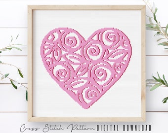 Heart Shape Cross Stitch Pattern, Valentine Counted Cross Stitch Sampler, Modern Floral Embroidery,  Love Hoop Art, Digital Download PDF