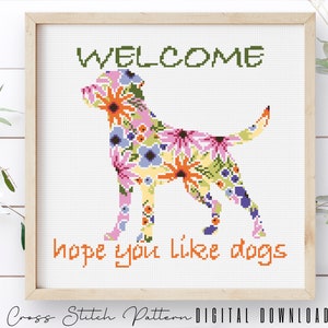 J'espère que vous aimez les chiens, modèle de point de croix, silhouette de chien moderne, échantillon de point de croix compté, broderie florale de chien DIY, téléchargement immédiat PDF