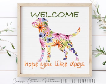 Hope You Like Dogs Cross Stitch Pattern, Modern Dog Silhouette Counted Cross Stitch Sampler, Floral Dog Embroidery DIY, Instant Download PDF