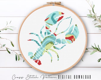 Modern Sea Life Cross Stitch Pattern, Modern Lobster Cross Stitch, Ocean Counted Cross Stitch Chart, Beach Embroidery, Digital Download PDF