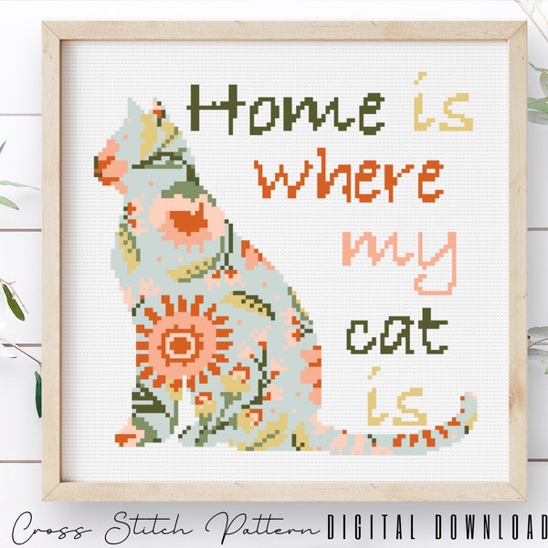 Home Is Where My Cat Is Cross Stitch Pattern, Modern Cat Silhouette Counted Cross Stitch Sampler, Floral Cat Embroidery, Instant Download
