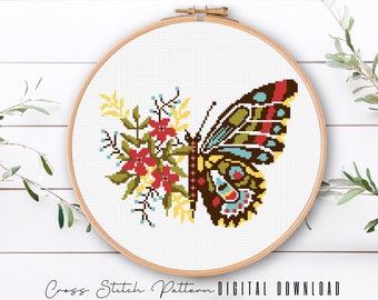 Butterfly Floral Cross Stitch Pattern: Modern Embroidery (Digital Download)