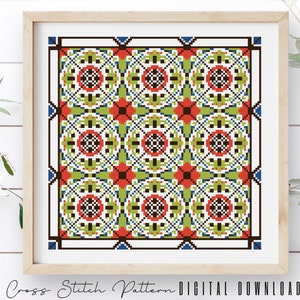 Modern Cross Stitch Pattern, Counted Cross Stitch Sampler, Tile Embroidery, Mosaic Cross Stitch, Colorful Cross Stitch, Digital Download PDF