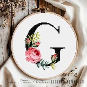 Floral Letter G Cross Stitch Pattern: Alphabet Monogram (Digital Download PDF)
