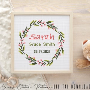 Birth Announcement Cross Stitch Pattern, Boy, Girl Nursery Decor, Personalized Gift, Modern Counted Cross Stitch Sampler, Digital Download