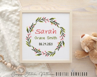 Birth Announcement Cross Stitch Pattern: Modern Nursery Decor (Digital Download)