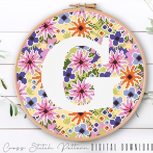 Letter G Floral Cross Stitch Pattern: Modern Monogram (Digital Download PDF)
