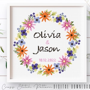 Wedding Cross Stitch Pattern: Personalized Floral Wreath (Digital Download PDF)