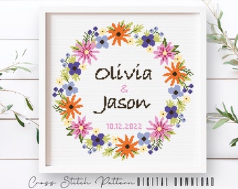 Wedding Cross Stitch Pattern: Personalized Floral Wreath (Digital Download PDF)