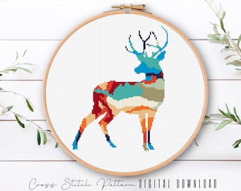 Deer Cross Stitch Pattern, Animal Silhouette Counted Cross Stitch Sampler, Modern Deer Embroidery Pattern, Hoop Art, Digital Download PDF