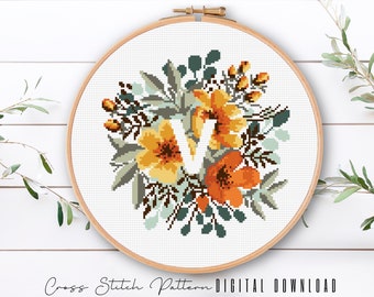 Floral Letter V Cross Stitch Pattern: Alphabet Monogram (Digital Download PDF)