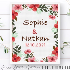 Wedding Modern Cross Stitch Pattern, Personalized Counted Cross Stitch, Wedding Anniversary Sampler, Engagement Gift, Digital Download PDF