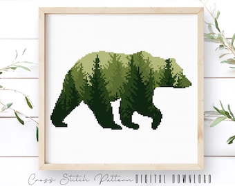 Bear Cross Stitch Pattern, Animal Silhouette Counted Cross Stitch Sampler, Modern Bear Embroidery Pattern, Home Decor, Digital Download PDF