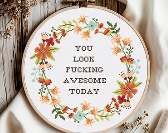 Funny Floral Cross Stitch Pattern: Sassy Feminist Embroidery (Digital Download PDF)