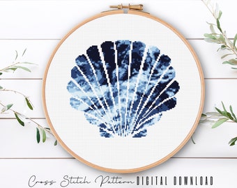 Modern Sea Shell Cross Stitch Pattern, Sea Cross Stitch, Ocean Waves Counted Cross Stitch Sampler, Beach Embroidery, Digital Download PDF