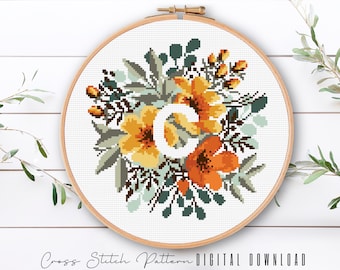 Floral Letter C Cross Stitch Pattern: Alphabet Monogram (Digital Download PDF)