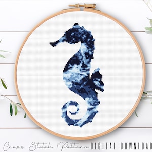 Modern Seahorse Cross Stitch Pattern, Ocean Waves Counted Cross Stitch Sampler, Beach Embroidery, Hoop Art, Digital Download PDF