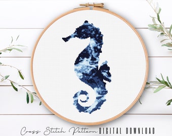Modern Seahorse Cross Stitch Pattern, Ocean Waves Counted Cross Stitch Sampler, Beach Embroidery, Hoop Art, Digital Download PDF