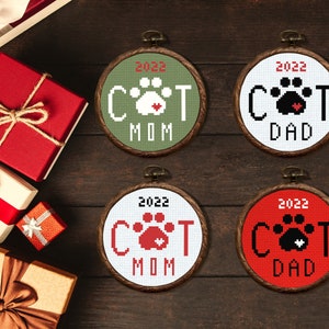 Cat Mom, Cat Dad Christmas Ornament Cross Stitch Pattern, Holiday Counted Cross Stitch Sampler, Easy Personalized Gift, Digital Download PDF